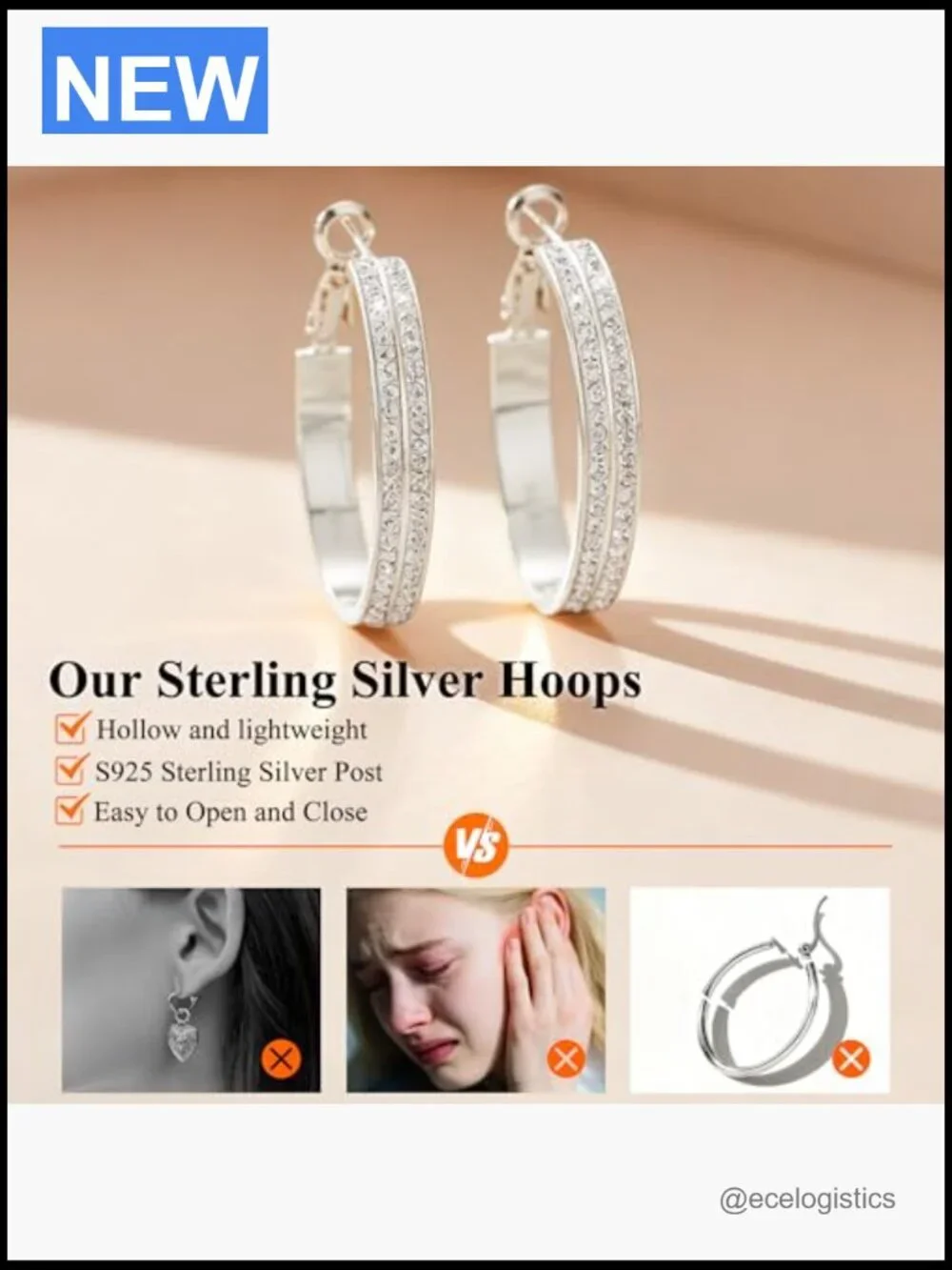 Sterling Silver Double Rhinestone Hoop Earrings Lightweight Sparkly CZ 30mm 40mm